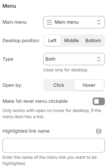 header menu settings